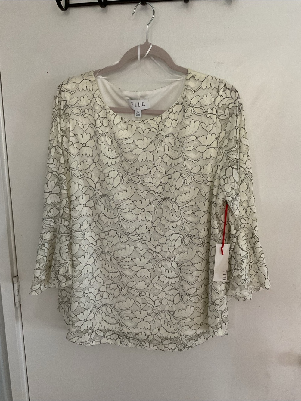 ELLE Cream Floral Lace Round-Neck Blouse